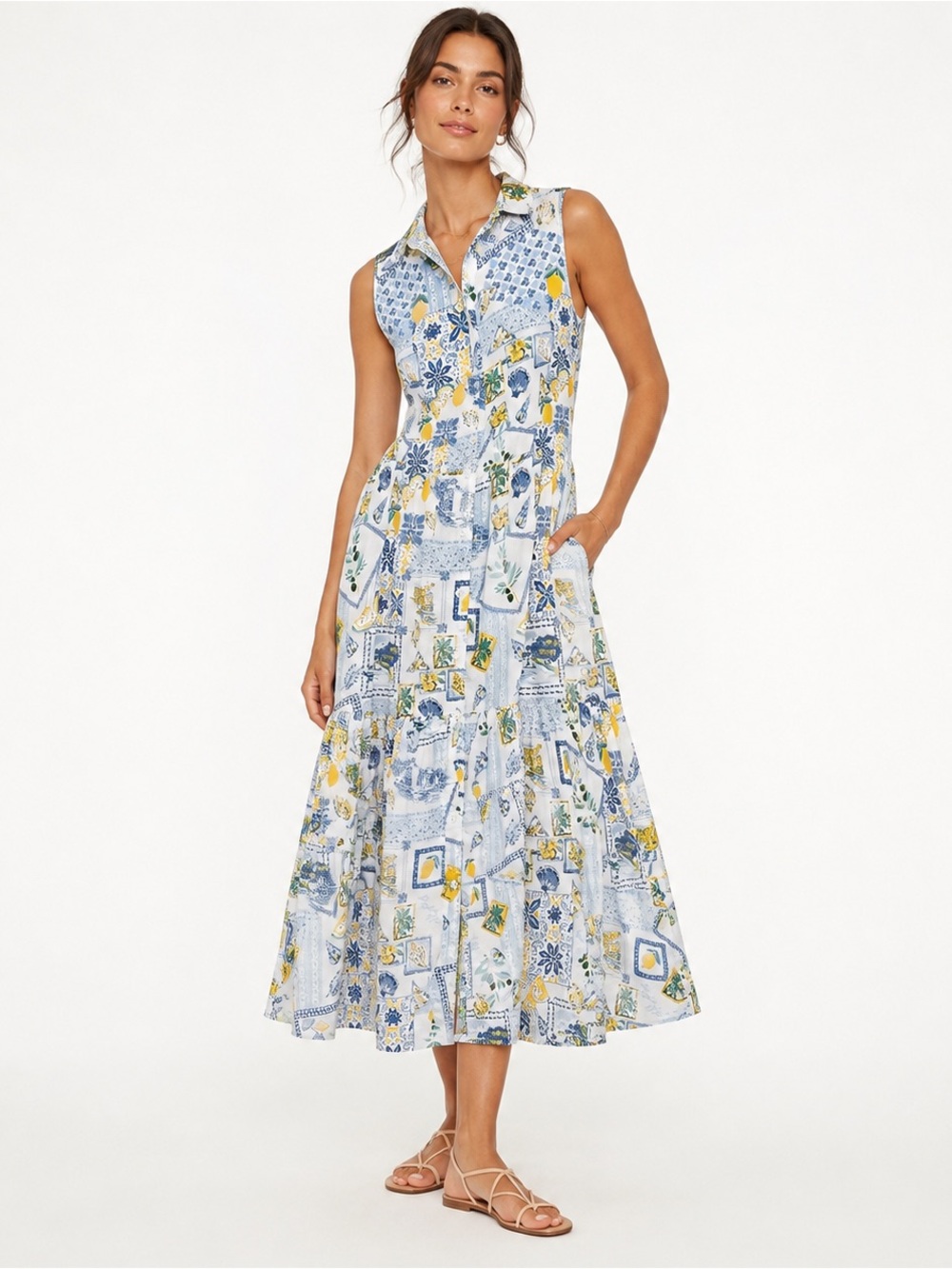 J. CREW La Dolce Vita Cotton MIDI Dress Lemon Mediterranean Print BP799 Size 8